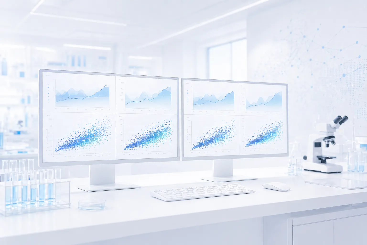 Medical research lab with data monitors